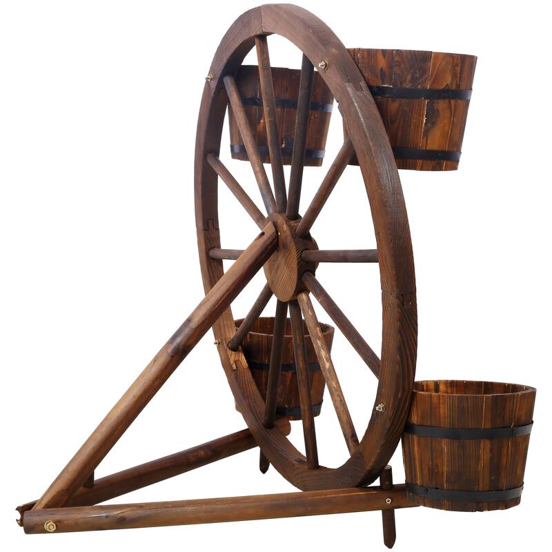 Wood wagon wheel barrel planter, Wagon Wheel Barrel Planter Display