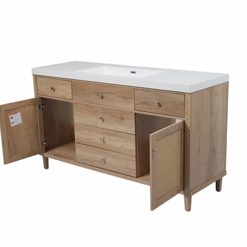 60" Bathroom Vanity with SMC Sink - Modern Large Storage Cabinet with Soft Close Drawers and Rattan Doors