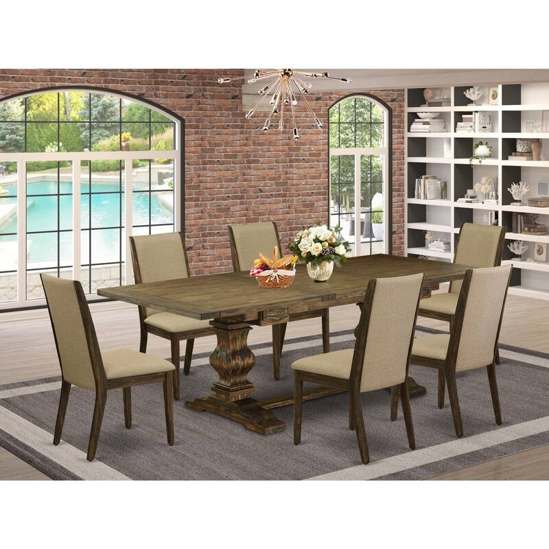 7-Piece Dining Set - Linen Fabric Chairs & Distressed Table - Modern Dining Room Furniture Set - 92