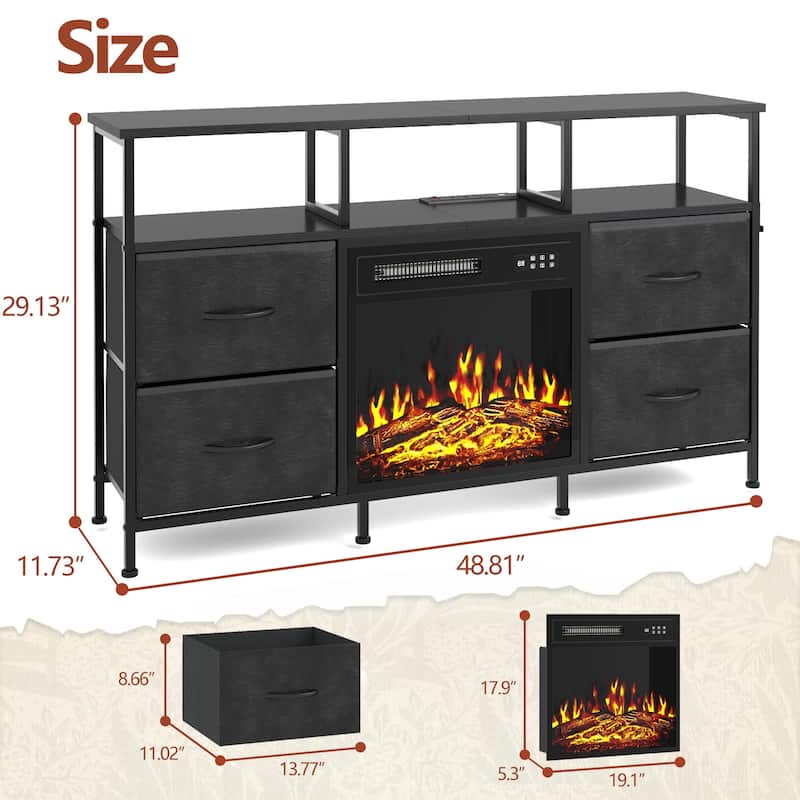 BOSSIN Fireplace TV Stand & Entertainment Center with LED Lights, 4 PU Leather Drawers, Open Shelves, and Built-in Power Outlets