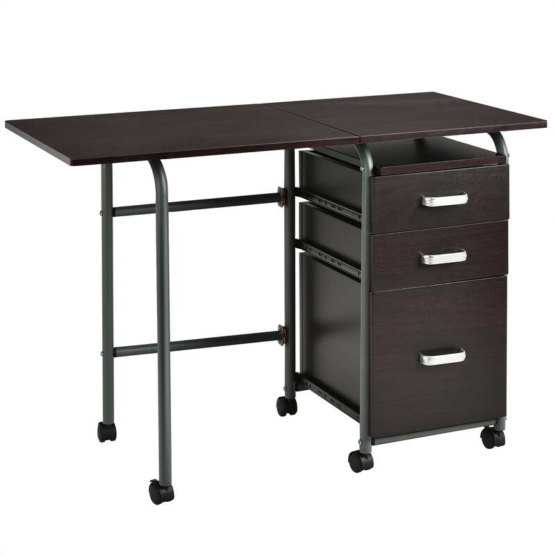 Foldable Computer Desk Laptop Table Wheeled Workstation with 3 Drawers - Brown
