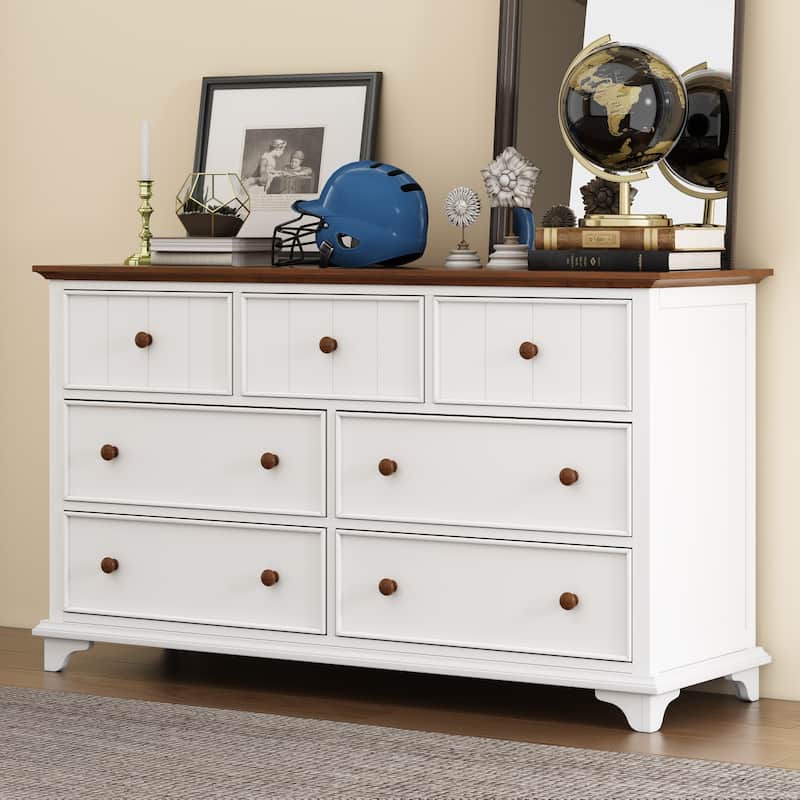 Elegant Seven-Drawer Wooden Captain Dresser by Harper&Bright Designs - White+Walnut