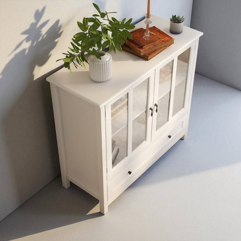 Modern Buffet Storage Cabinet with Double Glass Doors and Bell Handles, Adjustable Shelf and Drawer Organizer