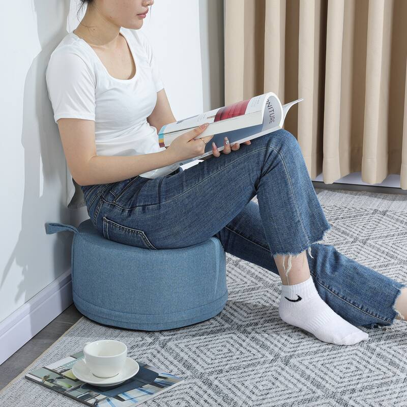 Adeco Linen Round Ottoman Footrest with Handle
