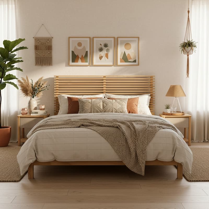 Christopher Knight Home - Stirling Contemporary Bedroom Set with Horizontal Slats Design Bed Frame & Shelf Storage Nightstands - Natural+Beige - 3 Piece - King