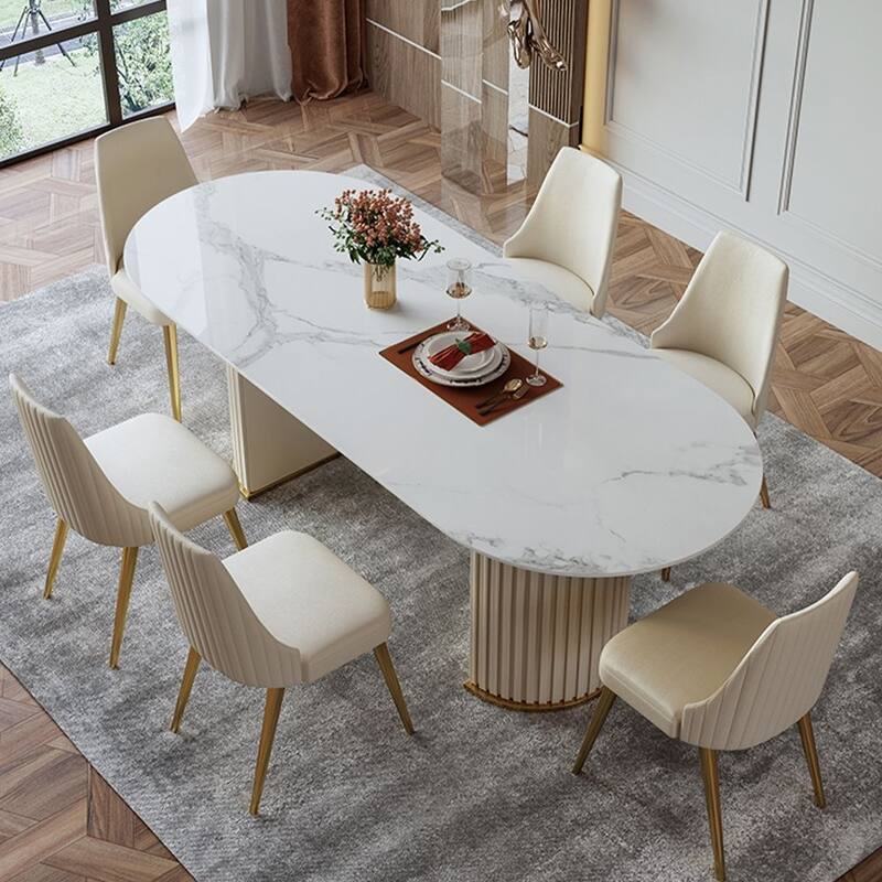Modern Minimalist White Oval Dining Table with Glossy Sintered Stone Tabletop, Roman Column Frame Table Legs