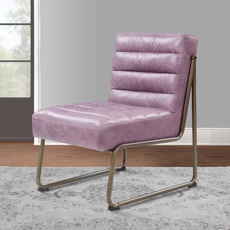22 Inch Top Grain Leather Accent Chair, Metal Frame, Tufted Channel, Purple - Purple