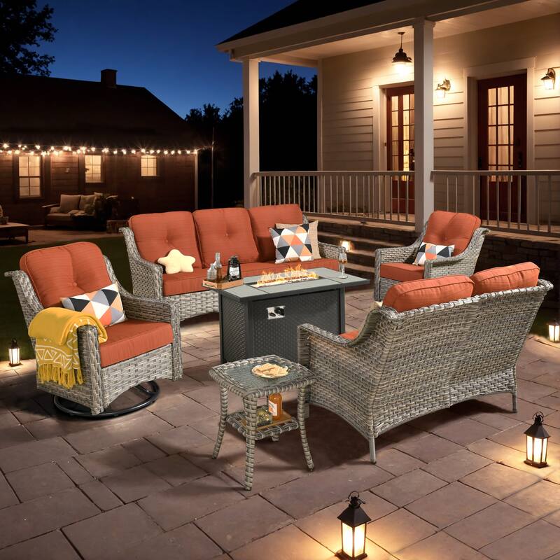 XIZZI Outdoor Wicker Patio Furniture Conversation Set with Fire Table - 6-piece - Red/Orange