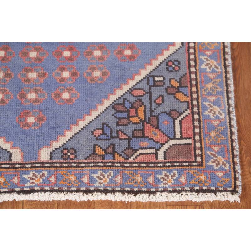 Hand Knotted Oriental 100% Wool Carpet Traditional Geometric Navy Blue & Blues Hamedan Runner Rug - 9' 10'' X 3' 2''