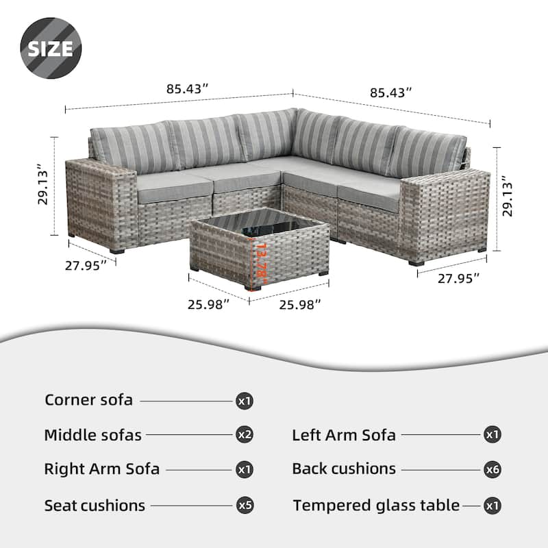 OVIOS Patio Wicker Furniture Wide Arm 6-piece Set with Table