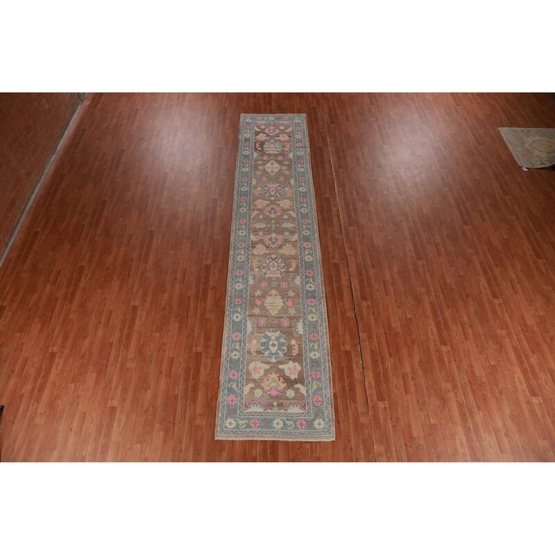 Hand Knotted Oriental 100% Wool Carpet Transitional Floral Brown Oushak Runner Rug - 14' 11'' X 3' 2''