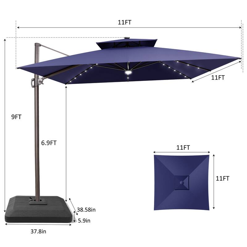 11 FT Square Outdoor Patio Cantilever Umbrella Solar LED Lighted with Weight Base