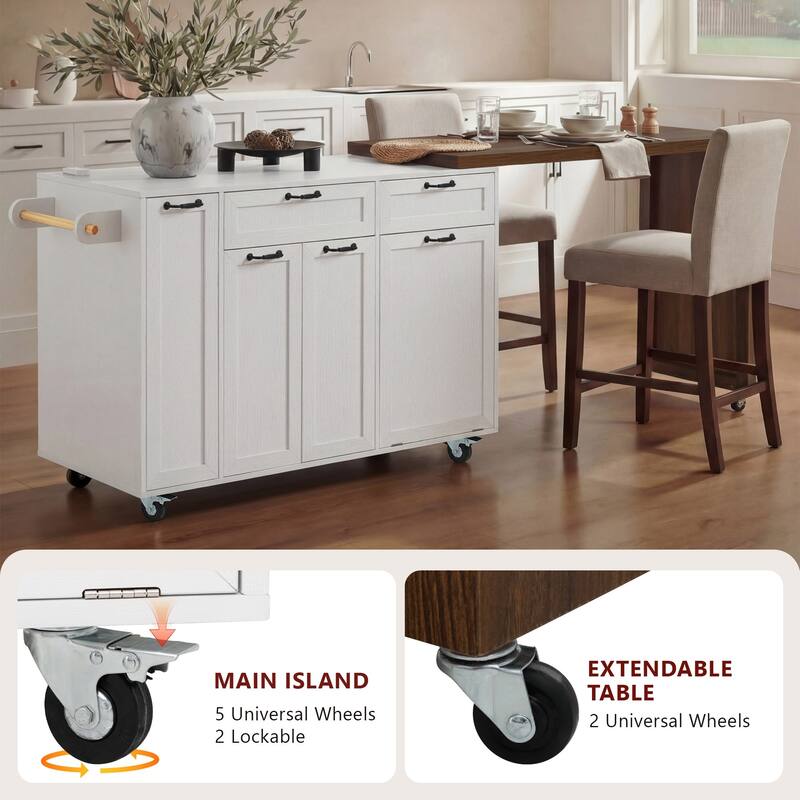 102.3" Kitchen Island with Extendable Table, Kitchen Rolling Island Cart with Trash Storage Cabinet, 3-Tier Pull-Out Spice Rack
