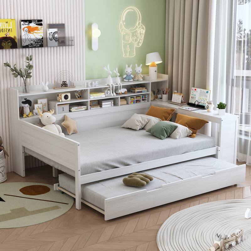 Wooden Full Size Daybed with Storage Shelves, Multi-functional Bed with Twin Size Trundle Bed