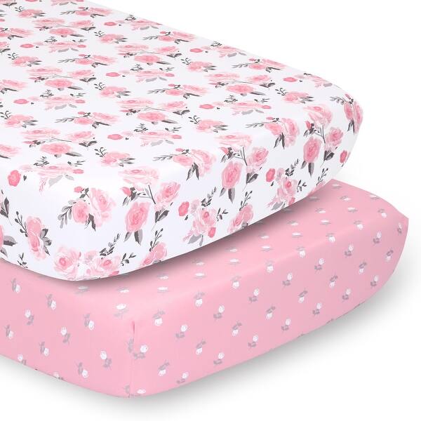 slide 2 of 4, The Peanutshell Roses & Floral Pink/Grey Fitted Crib Sheet Set