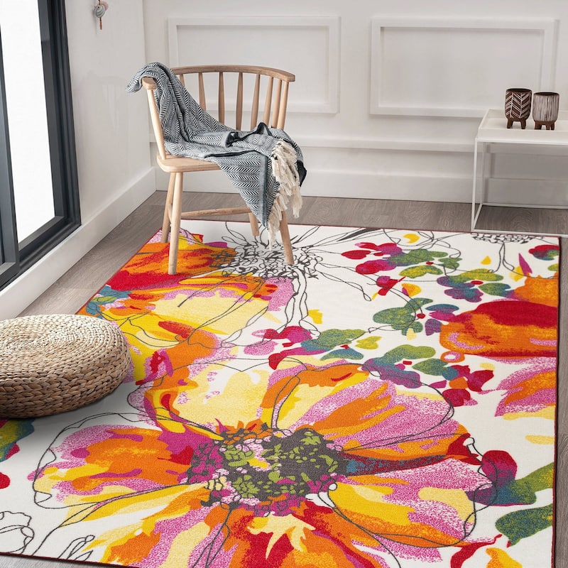 World Rug Gallery Modern Bright Flowers Non-Slip Area Rug Multi