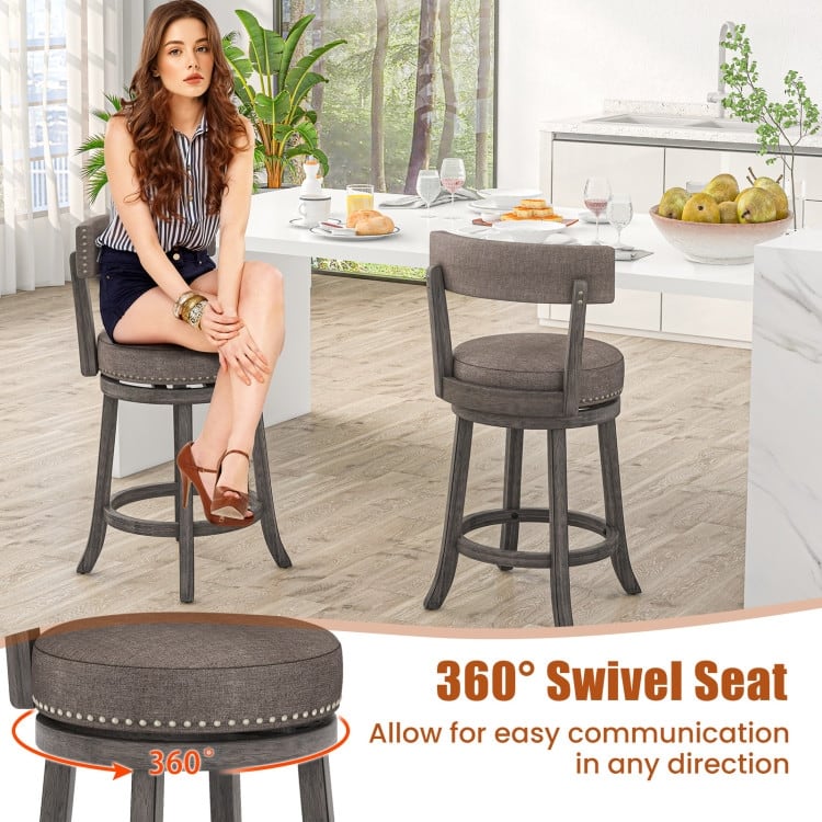 2 Grey Swivel Bar Chairs with Padded Linen Upholstery and Footrest Sturdy Rubber Wood Frame