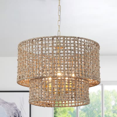 5-Light Metal 2-Tier Traditional Linear Drum Chandelier Pendant Light with Rattan Shade for Kitchen Island Dining Room
