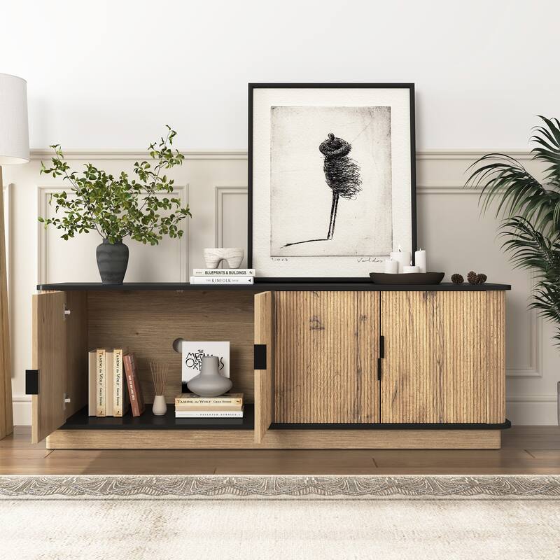 Natural Wood Grain Four-Door MDF TV Cabinet, an ideal choice for TV and item storage in modern homes