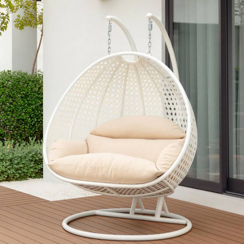 Egg-Shaped Swing Chair with Stand 2-Person Outdoor Patio Swing - Iron Frame & All-Weather Washable Cushions