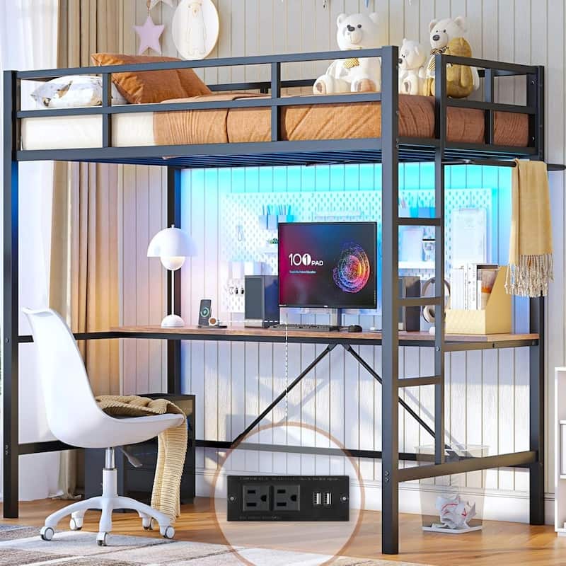 Loft Bed with Desk Gaming Bunk Bed LED Lights Charging Station