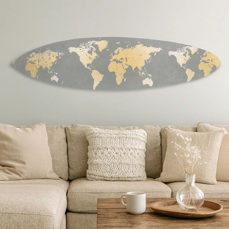 Wooden Surfboard Wall Art with World Map Print, Gray and White