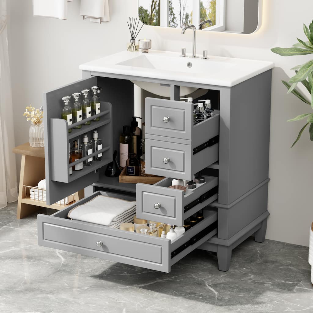30" Bathroom Vanity with Sink, One Door with Shelf and Three Drawers, Soft Close Door, Grey