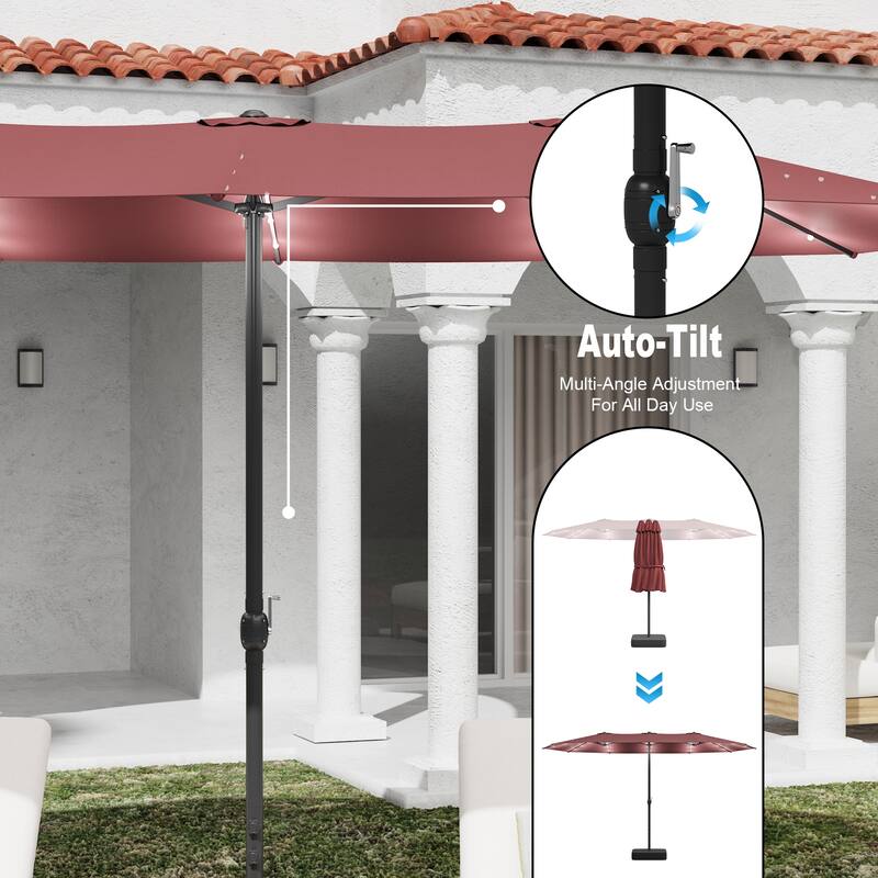 15ft Solar LED Double Patio Umbrella with Base, Extra Large Twin Outdoor Market Umbrella with 36 Lights, 180g Polyester Canopy