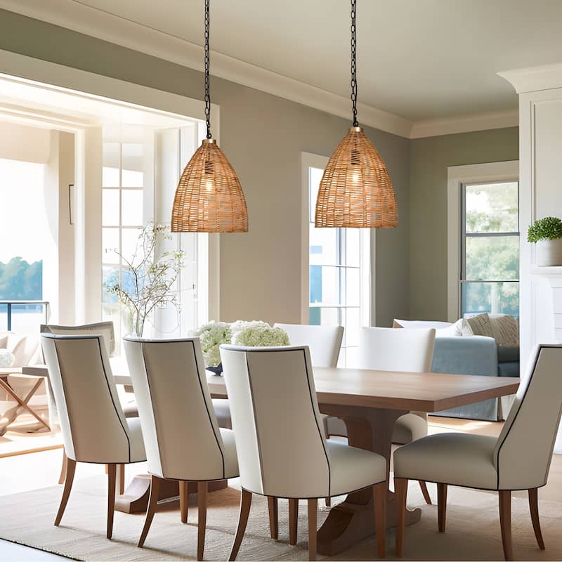 Ravy Farmhouse Large 1-Light Rattan Pendant Natural Cone Island Lights for Dining Room - D 14.17" x H 77.5" MAX