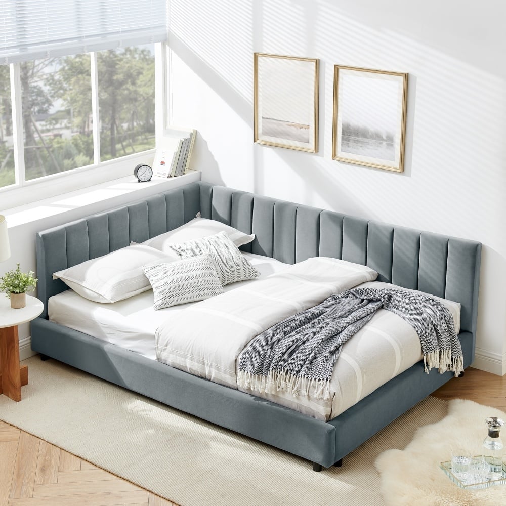 Full Size Upholstered Tufted Bed with Comfortable Backrest and Armrests