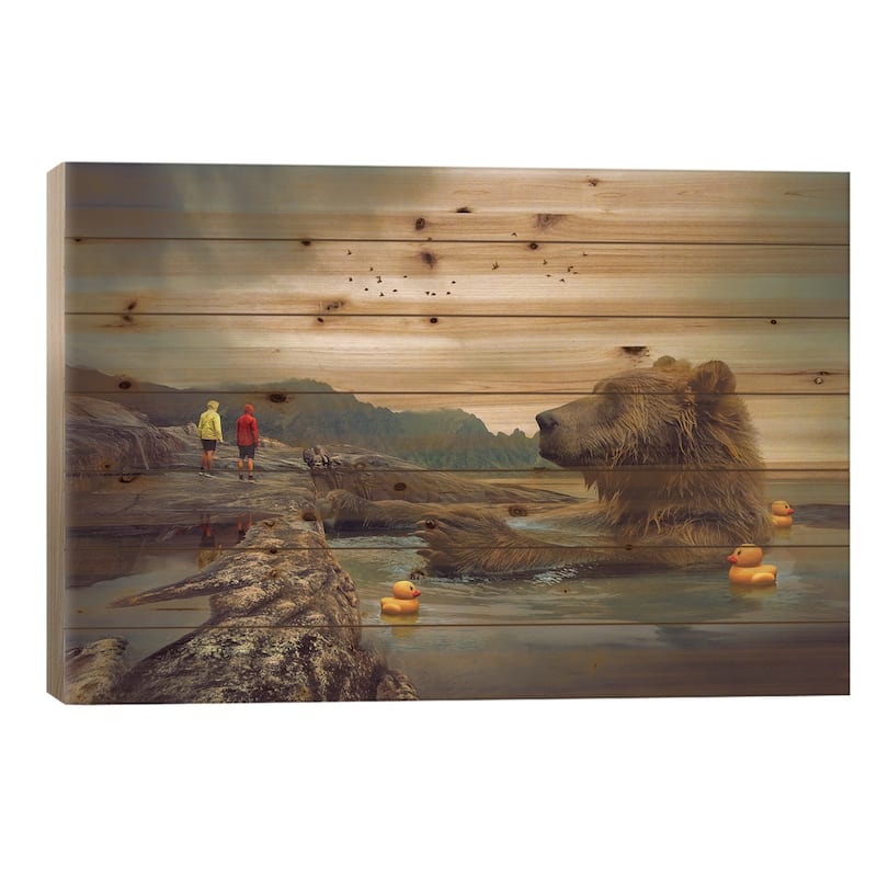Foggy Bear Bath Print On Wood by Soaring Anchor Designs - Multi-Color - 18x26x1.5