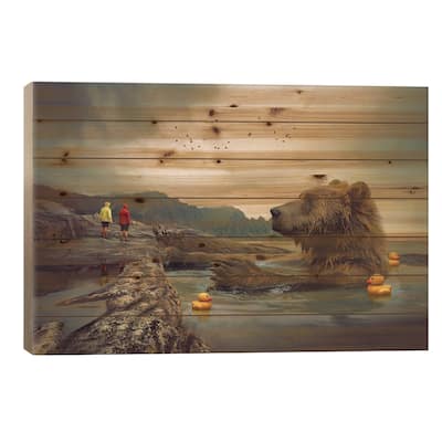 Foggy Bear Bath Print On Wood by Soaring Anchor Designs - Multi-Color
