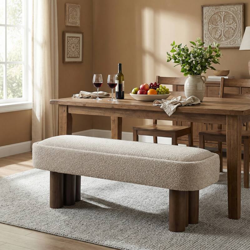 Christopher Knight Home - Modern Upholstered Dining Bench with Padded Seating - Khaki+Walnut