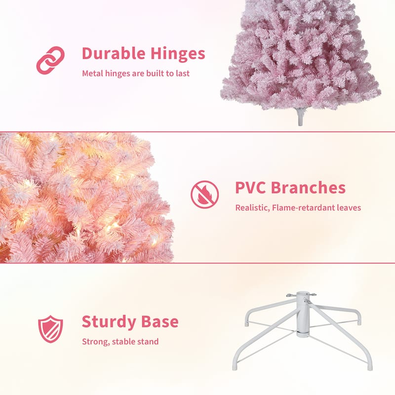 4.5FT Pink Gradient Artificial Christmas Tree – 100 Warm White LEDs, Snow Frosted, 300 Branch Tips, Metal Stand