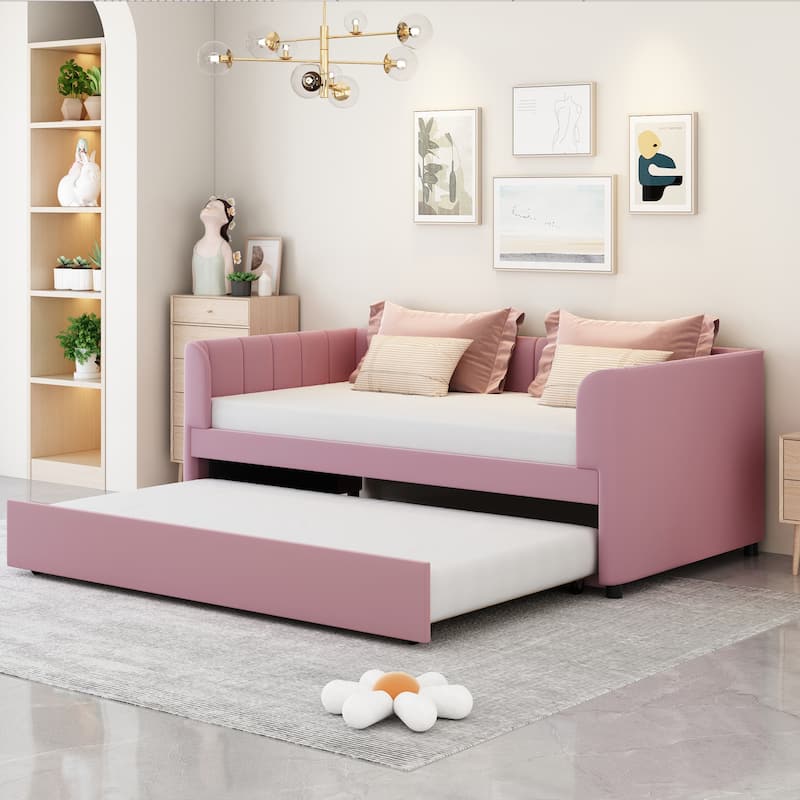Twin Size Daybed with Ergonomic Design Backrest - Pink-with Trundle - Twin