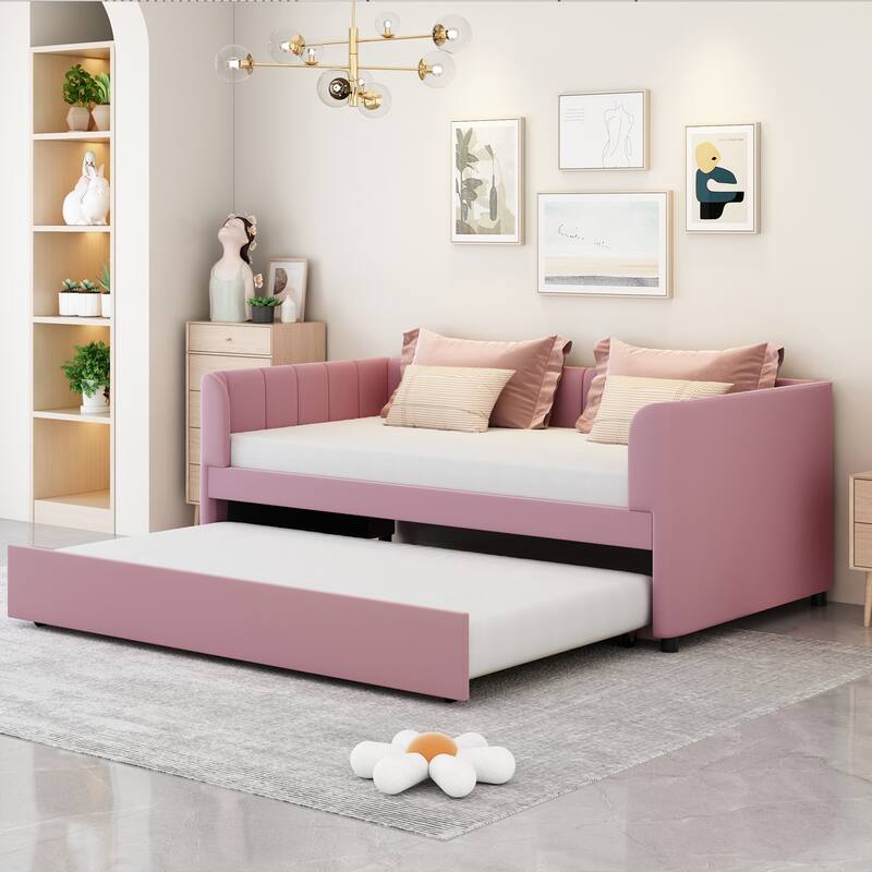 Twin Size Stylish Velvet Daybed with 2 Drawers or Trundle - Pink-with Trundle - Twin