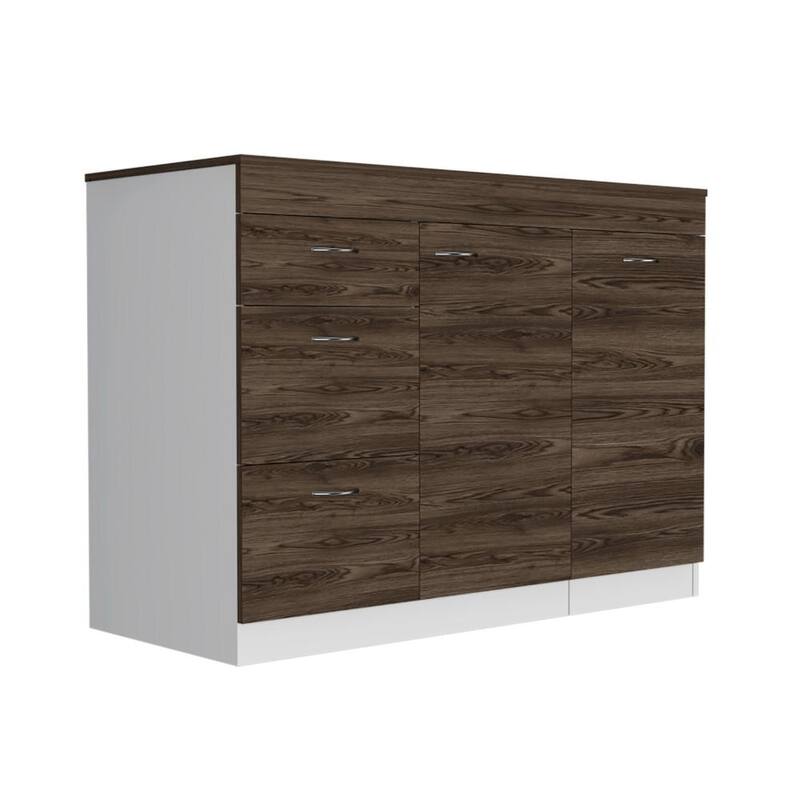 White & Dark Walnut Kitchen Base Cabinet with 3 Drawers, 2 Shelves & Expandable Top Surface