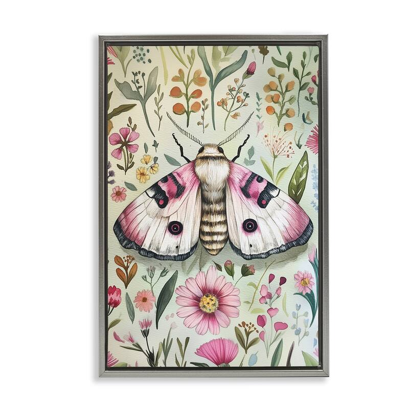 Stupell Moth over Floral Herbs Framed Floater Canvas Wall Art Design By The Dutch Lady - 17 x 25 - Grey