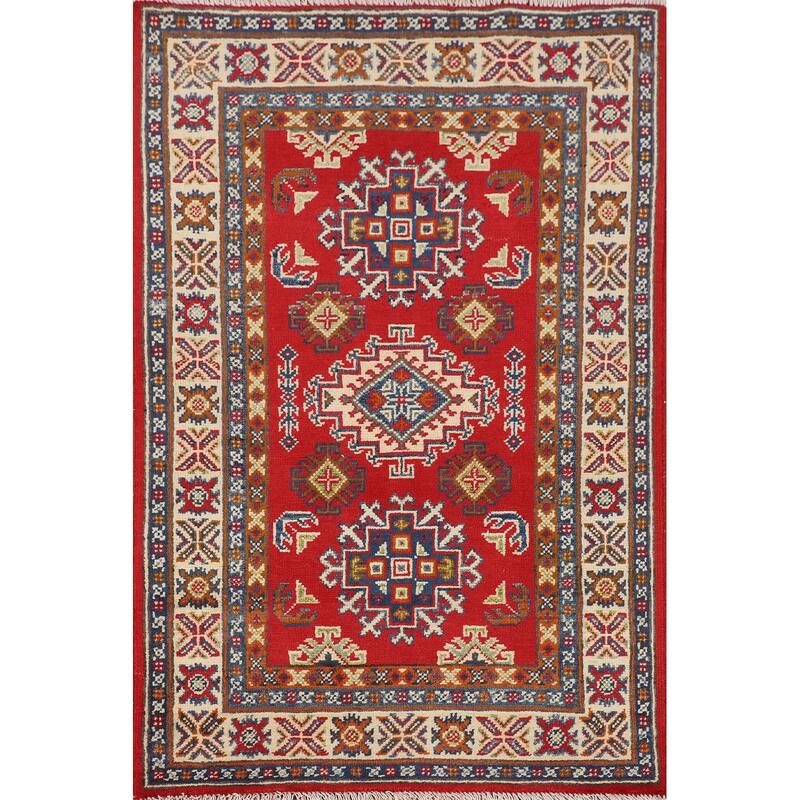 Geometric Red Kazak Oriental Accent Rug Bedroom Handmade Wool Carpet - 2'8" x 4'3"