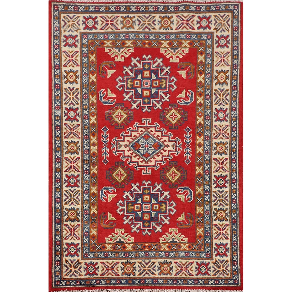 Geometric Red Kazak Oriental Accent Rug Bedroom Handmade Wool Carpet - 2'8" x 4'3"