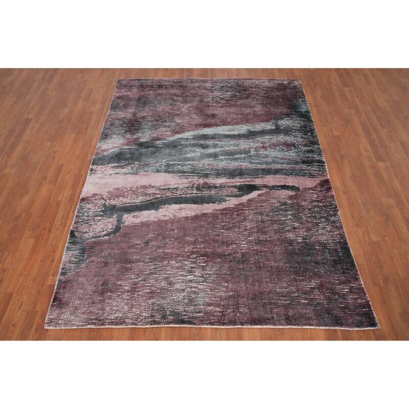 Hand Knotted Oriental Viscose Silk Carpet Modern Pictorial Pink Abstract Area Rug - 7' 8'' X 5' 6''