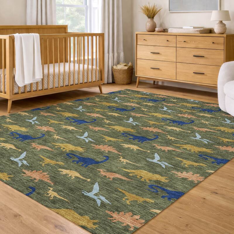 Machine Washable Indoor/ Outdoor Modern Dinosaur Chantille Rug