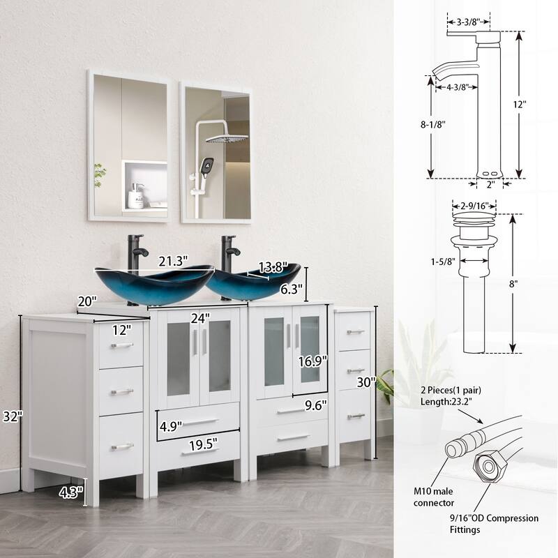 72" Bathroom Vanity Set Glass Ceramic Vessel Sink Side Cabinet Combo