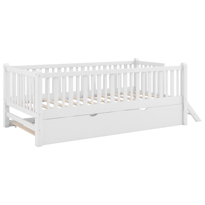 Roomfitters Twin Wood Platform Bed with Semi-Enclosed Guardrail and Trundle