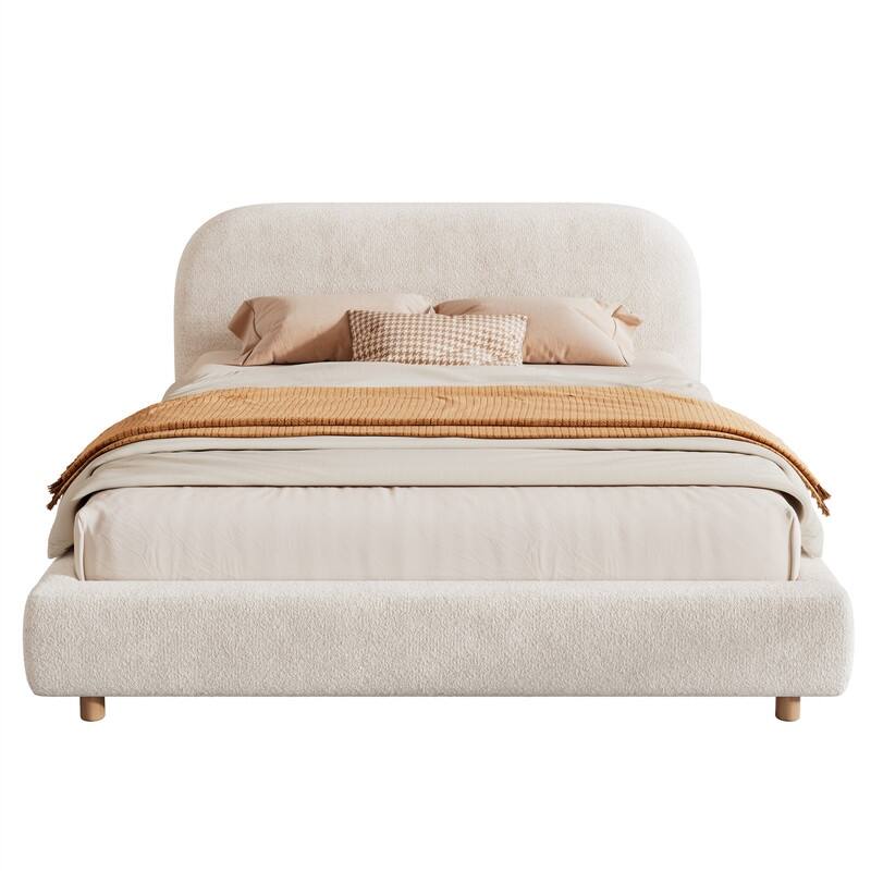 Queen/King Size Platform Bed with Curve-Shaped Design Headboard, Boucle Fabric Upholstered Bed Frame with Slats Support