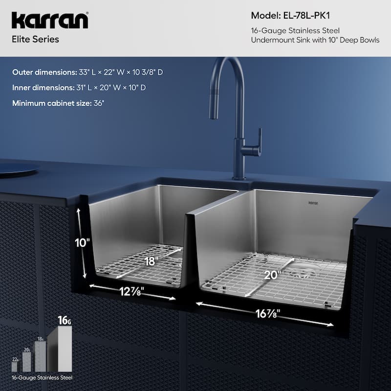 Karran Elite Undermount Stainless Steel 33 in. 16-Gauge Double Bowl KItchen Sink Kit