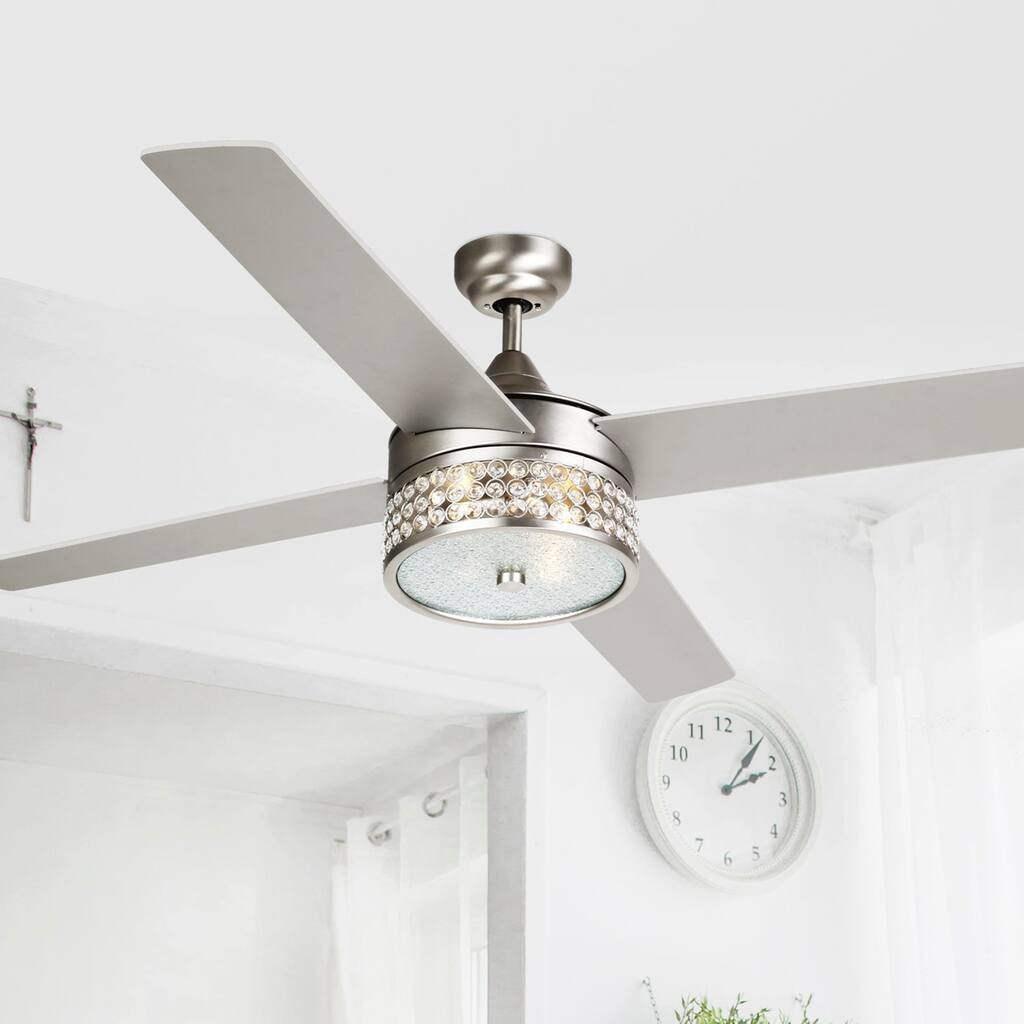52-inch Wooden 4-Blade Nickel Crystal Ceiling Fan with Remote