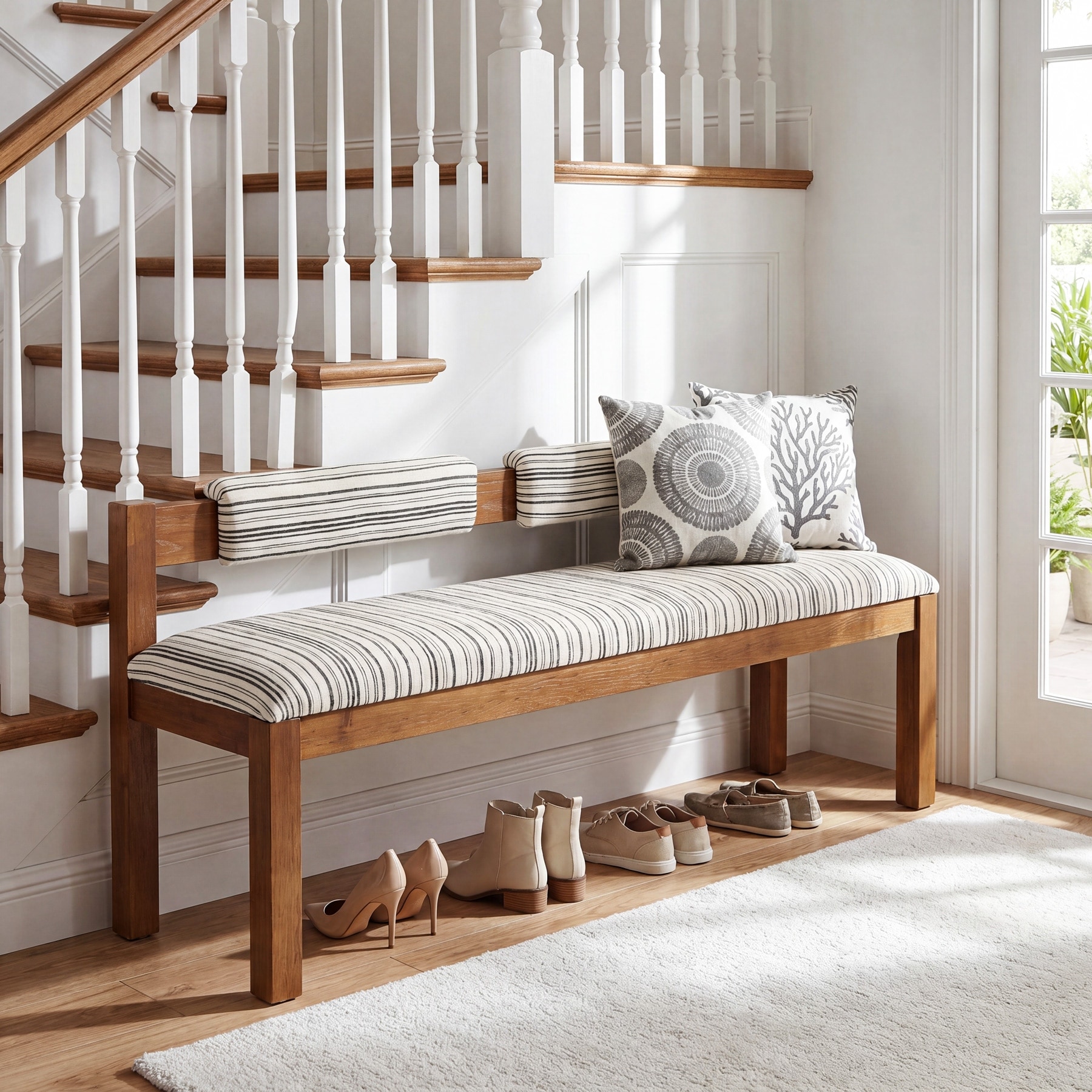 Solid Wood Entryway Bench, 55" Upholstered Bench with Backrest - 17.72" D x 55.12" W x 27.16" H