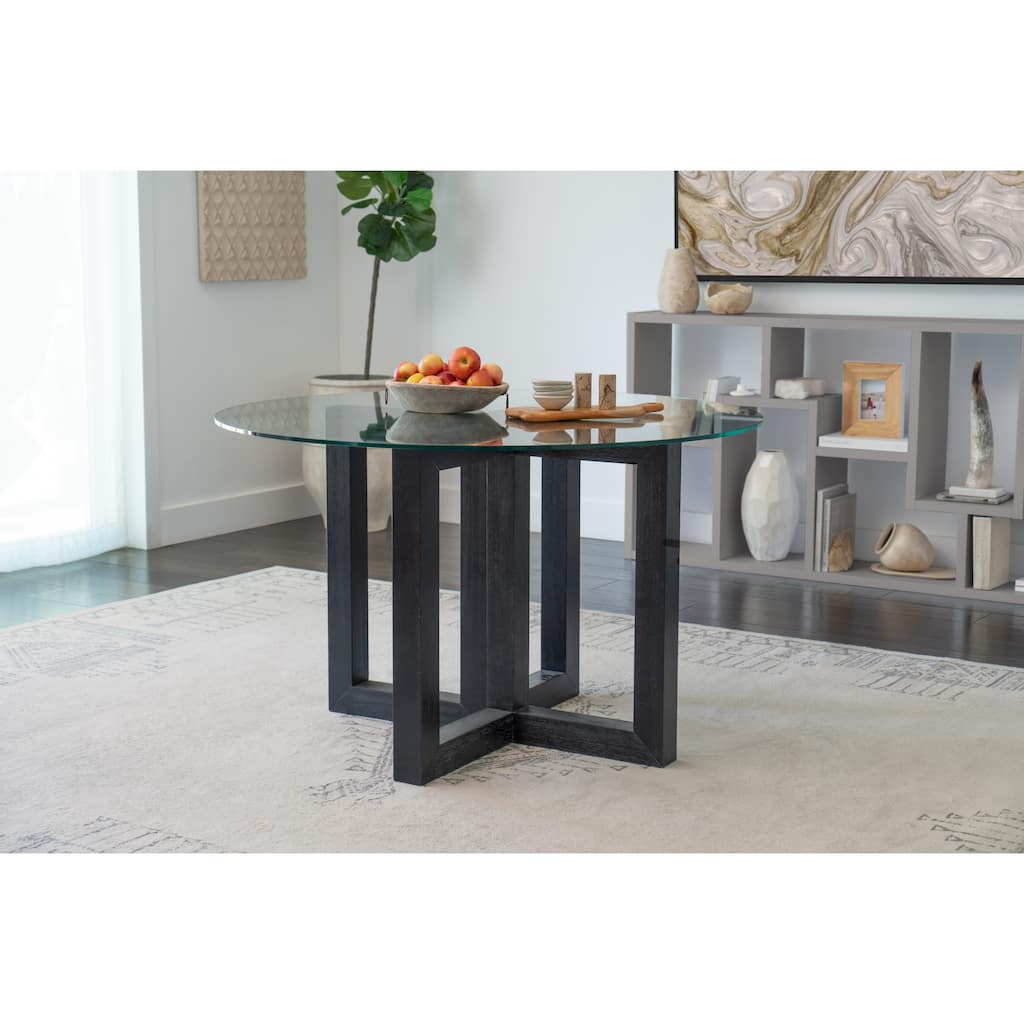 Atlas Glass Top Dining Table with Wood Base, Black