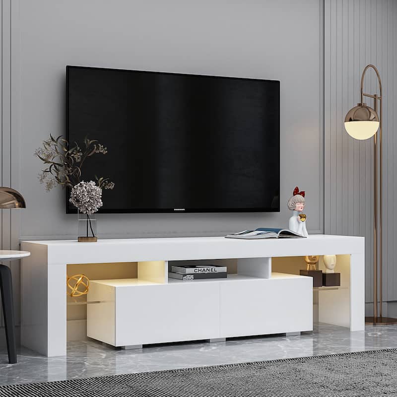 Modern TV Stand up to 70" TV with 2 Drawers & Shelves, LED Lights - 63"W x 14"D x 18"H